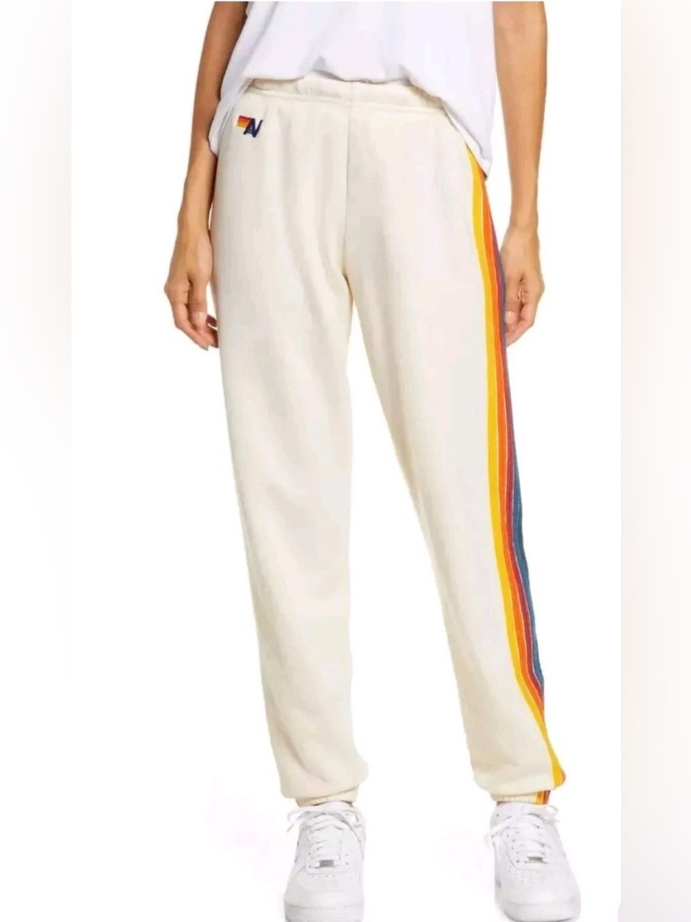 Aviator Nation Cream Sweatpants with Rainbow Stripe Accent